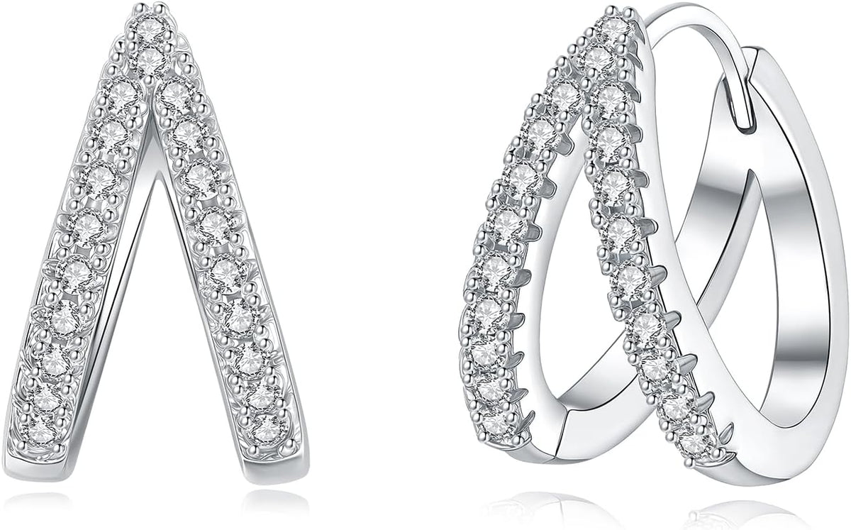 925 Sterling Silver Cubic Zirconia Double Hoop Earrings for Women, Hypoallergenic Sparkling Diamond Hoop Earrings for Daily Wear