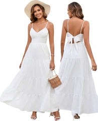 HTZMO Women Casual Summer Floral Maxi Sundress V Neck Spaghetti Strap Bow Tie Backless Flowy Boho Beach Long Dress 2025