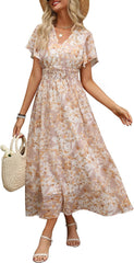 ANRABESS Womens Summer Floral Maxi Dress Casual V Neck Short Sleeve Chiffon Boho Flowy Beach 2025 Wedding Guest Long Dresses