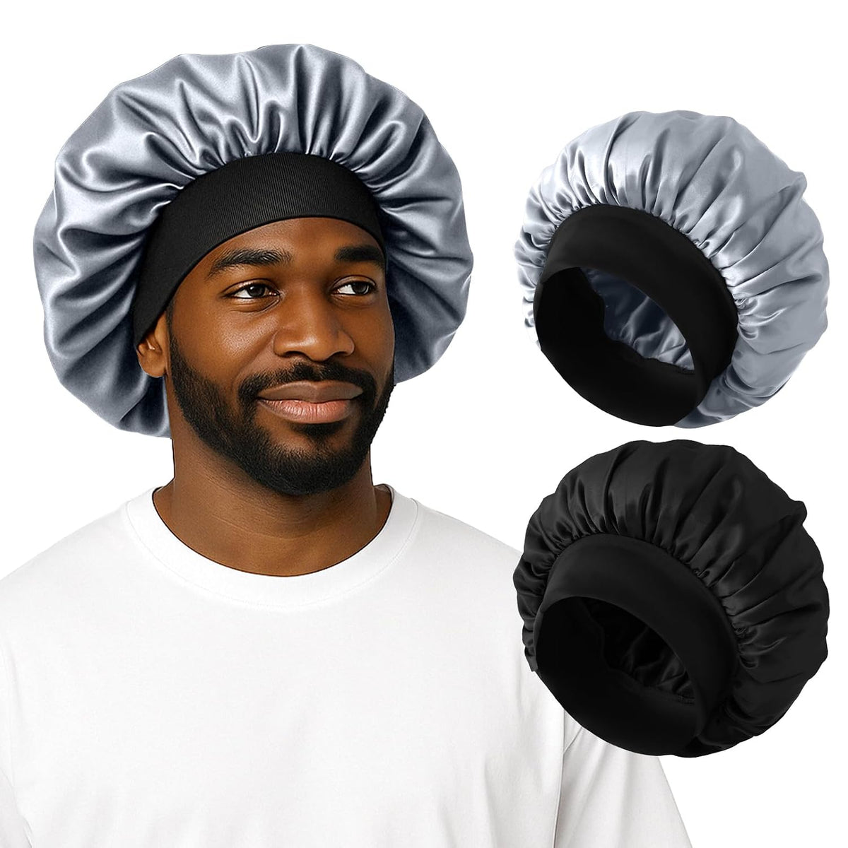 2PCS Silk Satin Bonnet for Men Sleeping, Soft Hair Cap for Locs Dreads Braids, Lightweight Night Bonnet for Curly Hair Protection (Black Silver)