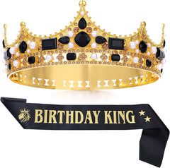 FORSEVEN King Crown for Men Crystal Pearl Wedding Tiaras Birthday Party Round Crowns