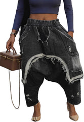 Women's Harem Denim Pants Elastic Waist Loose Cropped Cargo Barrel Jeans Casual Patchwork Ripped Trousers Pockets