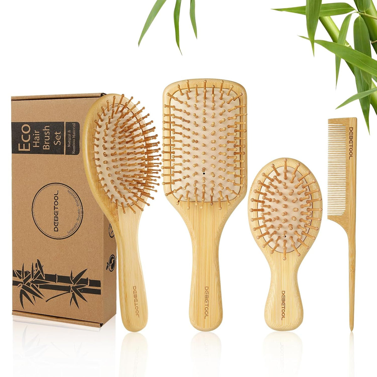 Bamboo Hair Brush Set, Natural Wooden Bamboo Comb Paddle Detangling Hairbrush for Hair Growth - Wide-tooth and Tail Comb Suitable for Thick/Thin/Curly/Dry Hair