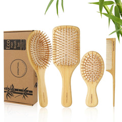 Bamboo Hair Brush Set, Natural Wooden Bamboo Comb Paddle Detangling Hairbrush for Hair Growth - Wide-tooth and Tail Comb Suitable for Thick/Thin/Curly/Dry Hair