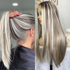 Aisom Bangs Highlight Blonde Wig Straight 2x1 HD Synthetic Lace Wig for Women Glueless Lace Wig Blonde Colored Wig 16 Inch