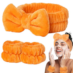 3 PCS Orange Spa Headbands and Wrist Set for Women Girls- Face Wash Headband Wristband Set, Soft Facial Spa Hair Wraps Makeup Skincare Bath Headbands Wrist Bands for Christmas, Birthday Gift