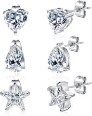 VOLUKA 316L Surgical Stainless Steel Hypoallergenic 3 Pairs Cubic Zirconia Stud Earrings Set for Women Men