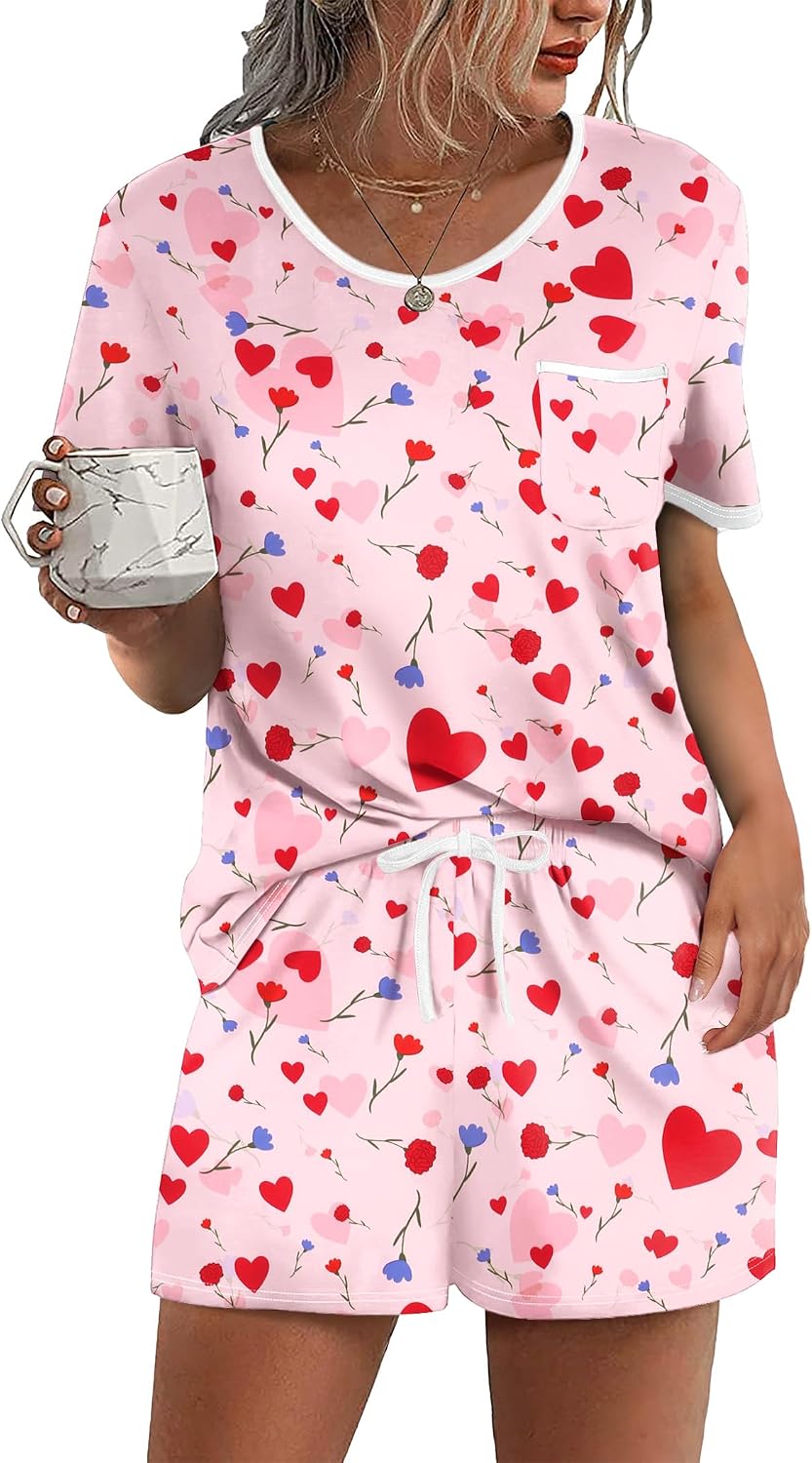 Ekouaer Pajama Set for Women 2 Piece Lounge Set Short Sleeve Tops and Shorts Soft Sleepwear, Chest Pocket