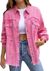 Women's Denim Jackets Trendy Ripped Oversized Denim Jacket Casual Long Boyfriend Distressed Denim Jacket