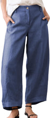 Huaqiao Womens Linen Palazzo Pants Elastic Waist Button Down Casual Wide Leg Trousers with Pockets