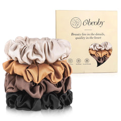 4 Pack Mulberry Silk Scrunchies, Brown Silk Hair Ties for Hair Sleep No Damag Satin Scrunchies Stocking Stuffers Gifts for Women Girl