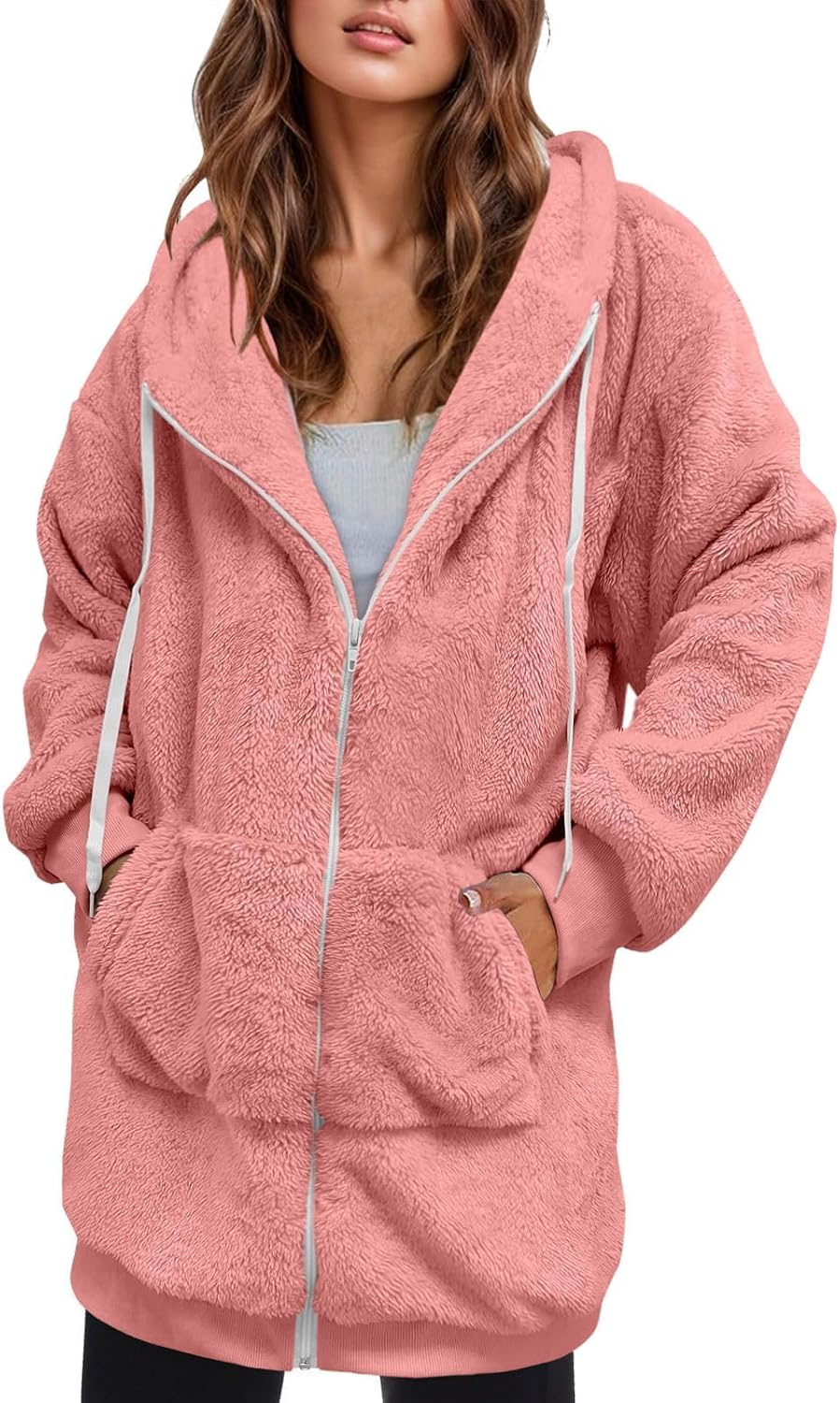 Womens Oversized Sherpa Jackets Trendy Zip up Long Sleeve Fuzzy Fleece Tunic Sweatshirt Casual Lightweight Cozy Coats