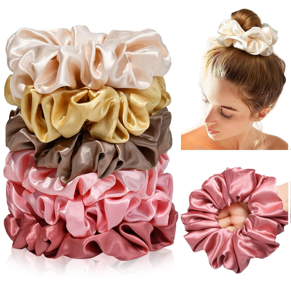 CEELGON Black Big Scrunchies for Women 6.3Inches Large Scrunchie Satin Oversized Silk Thick Elastic Hair Ties Jumbo Hair Scrunchies 6 Pack (Black)