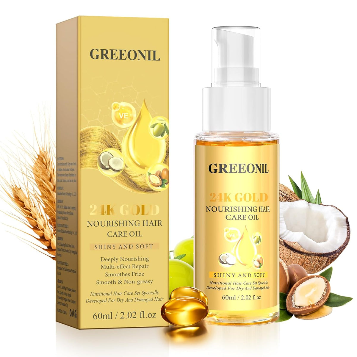 24K Gold Argan, Coconut, and Olive Oil Serum for Frizz Control, Shine, and Split End Repair - Nourishing Hair Treatment with Vitamin E, 2.02 fl oz, 60ml