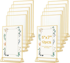 12 Pack Gold Acrylic Sign Holder 5 x 7 inch, Double Sided Gold Picture Frame Stand up Table Top Sign Holders, Wedding Table Number Frames Vertical for Party, Home, Office(5 x 7inch)