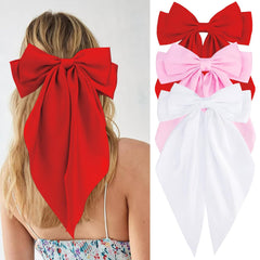 Velscrun Hair Bows for Women Girls 3Pcs White Pink Black Silky Satin Large Bows Hair Clip Oversized Hair Ribbons Long Tail Big Hair Bows Accessories