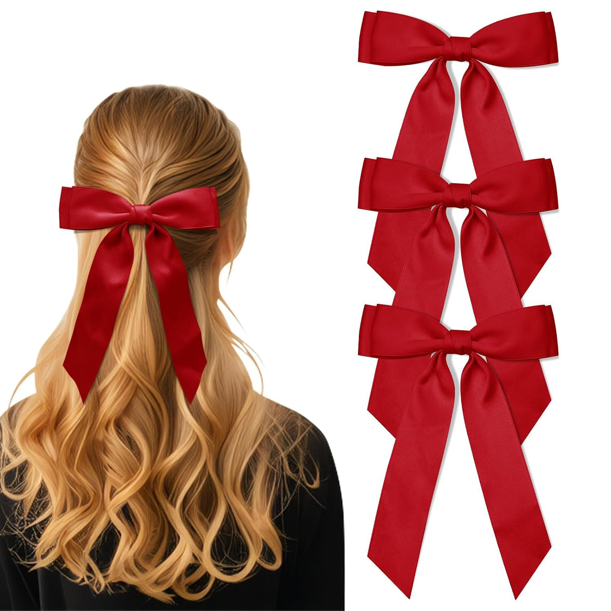 3Pcs Army Green Hair Bows for Women Double-Layer Long Tail Bow Hair Clip Hair Ribbon Ponytail Holder Hair Accessories for Girls Toddlers
