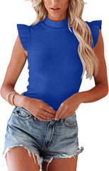 Allimy Womens Casual Summer High Mock Neck Ruffled Sleeve Ribbed Tanks Tops Slim Fit Blouse Shirts