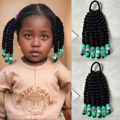 YOROSTAR 2 Pieces Kids Ponytail With Beads 6inch Two-Strand Twists Braided Ponytails for Kids Braids with Beads Protective Braided Hairstyles for Black Girls(Rose Red Beads)