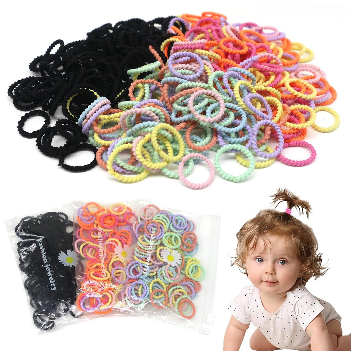 300PCS Elastic Hair Bands for Kids and Women, 3 Styles Small Thin Hair Ponytail Holder, Baby Girls Hair Ties No Damage, Diameter 1.0inch Mini Colorful Rubber Bands Accessories, Daughter Birthday Gift