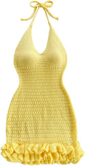 GORGLITTER Women's Crochet Halter Bubble Mini Dress Bow Backless Summer Bodycon Knit Dress Vacation Festival Outfits