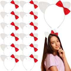 12 Pcs Kitty Cat Ears Headbands Gift Pink Bow Kitty Birthday Party Favor Cute Red White Kawaii Kitten Bow Decoration(Pink,Classic)