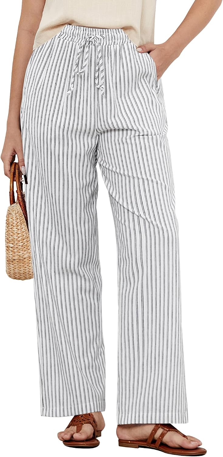 GRAPENT Striped Pants for Women High Waisted Wide Leg Cotton Linen Trendy Beach Pull on Elastic Waist Casual Flowy Pants