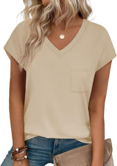 SAMPEEL Womens T Shirts V Neck Cap Short Sleeve Summer Tops Trendy 2025 Loose Casual Tshirts with Pocket