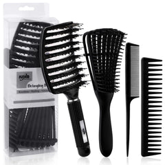 4pcs Curly Hair Brush Set for Adult & Kids Wet or Dry, Detangling Brush for 3/4ABC Hair with Detangler Spray Bottle & Wide Tooth Comb (3+1, Black)