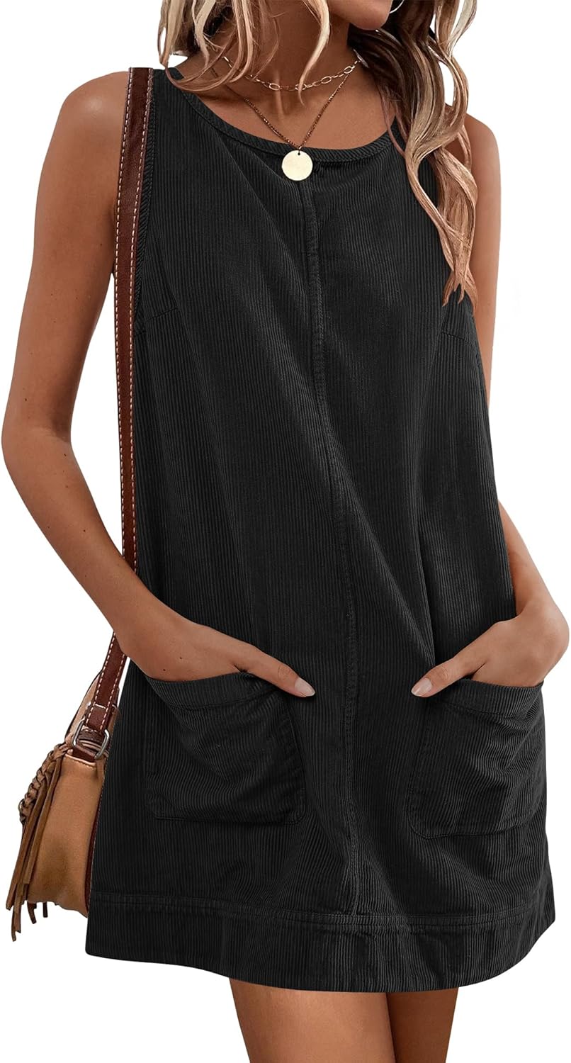Caracilia Women Fall Dress 2025 Corduroy Overall Pinafore Skirtall Jumper Dresses with Pockets
