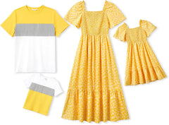 PATPAT Family Matching Outfits Boho Floral Print Square Neck Puff Sleeve Smocked Dress and Short Sleeve T-Shirts Matching Set