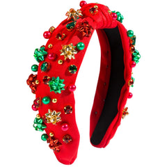 Christmas Headband for Women Pearl Knotted Headband Xmas Red Green Pearl Rhinestone Crystal Jeweled Hairband Fashion Elegant Ladies Wide Top Knot Hair Bands Headpiece Holiday Outfits Gifts (Green)