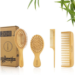 Bamboo Hair Brush Set, Natural Wooden Bamboo Comb Paddle Detangling Hairbrush for Hair Growth - Wide-tooth and Tail Comb Suitable for Thick/Thin/Curly/Dry Hair