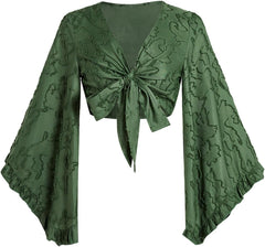 Women's Going Out Tops Western Country Concert Outfits Tie Front Boho Tops Long Bell Sleeve 70s Hippie Disco Clothes