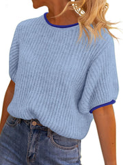 Saodimallsu Womens Puff Short Sleeve Sweater Tops Spring Summer Color Block Ribbed Knit Crew Neck Going Out Shirts