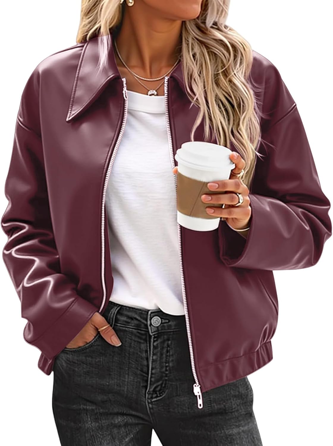 Leather Jackets for Women Fall Winter Zip Up Motorcycle Coats Long Sleeve Motor Biker Short Coat Jacket Outerwear