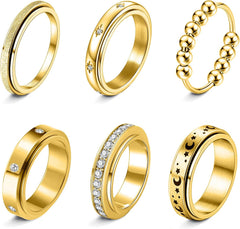 Fidget Rings for Anxiety 6pcs Stainless Steel Spinner Ring Anti Anxiety Ring Spinning Moon Star Cool Stress Relieveing CZ Band Rings Set for Women Men