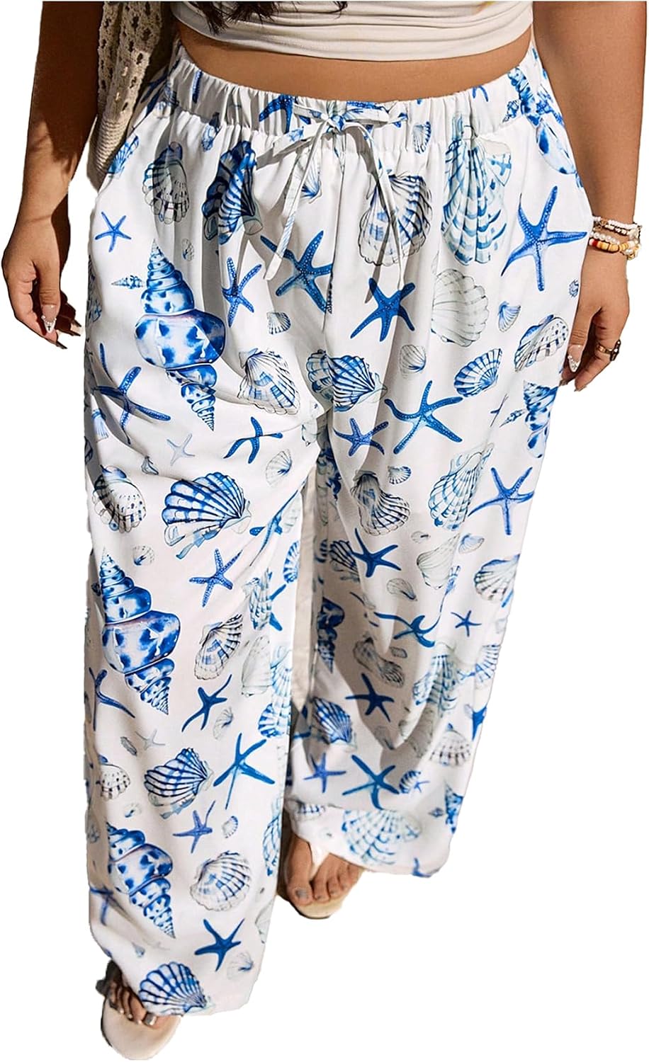 WDIRARA Women's Plus Size Starfish Seashell Graphic Pants Drawstring Waist Wide Leg Pants