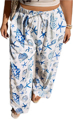 WDIRARA Women's Plus Size Starfish Seashell Graphic Pants Drawstring Waist Wide Leg Pants