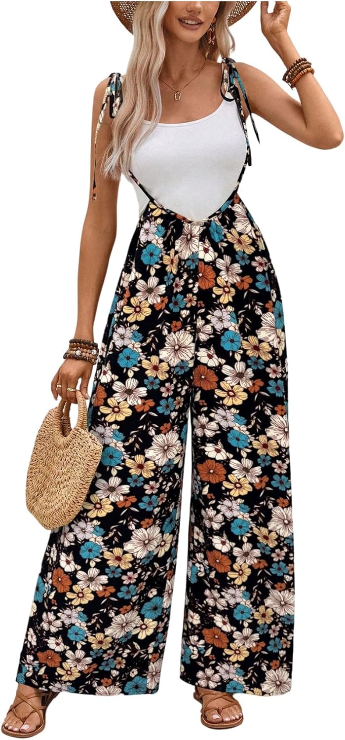 Verdusa Women's Vacation Floral Wide Leg Pants Boho Bow Tie Sleeveless Jumpsuits Festival Outfits