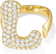 KissYan Bubble Initial Ring for Women, 14k Gold Plate Balloon Jumbo Letter Rings Open Adjustable Dainty Pave CZ Personalized Fashion Trendy Statement Jewelry Gift