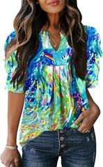 Women's Puff Short Sleeve Shirt V Neck Summer Tops Casual Fashion T Shirts Loose Fit Blouses