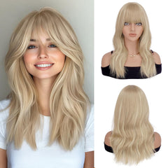 Haloo Brown Wigs with Bangs - 19 Inch Natural Wavy Synthetic Heat Resistant Medium Length Hair Wigs for Women Daily Party, Blonde Mixed Brown