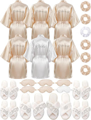 Bonuci 24 Pcs Bride Bridesmaid Robe Slipper Sets for Wedding Bridal Party Women with Robes Slippers Eye Mask Hair Scrunchies