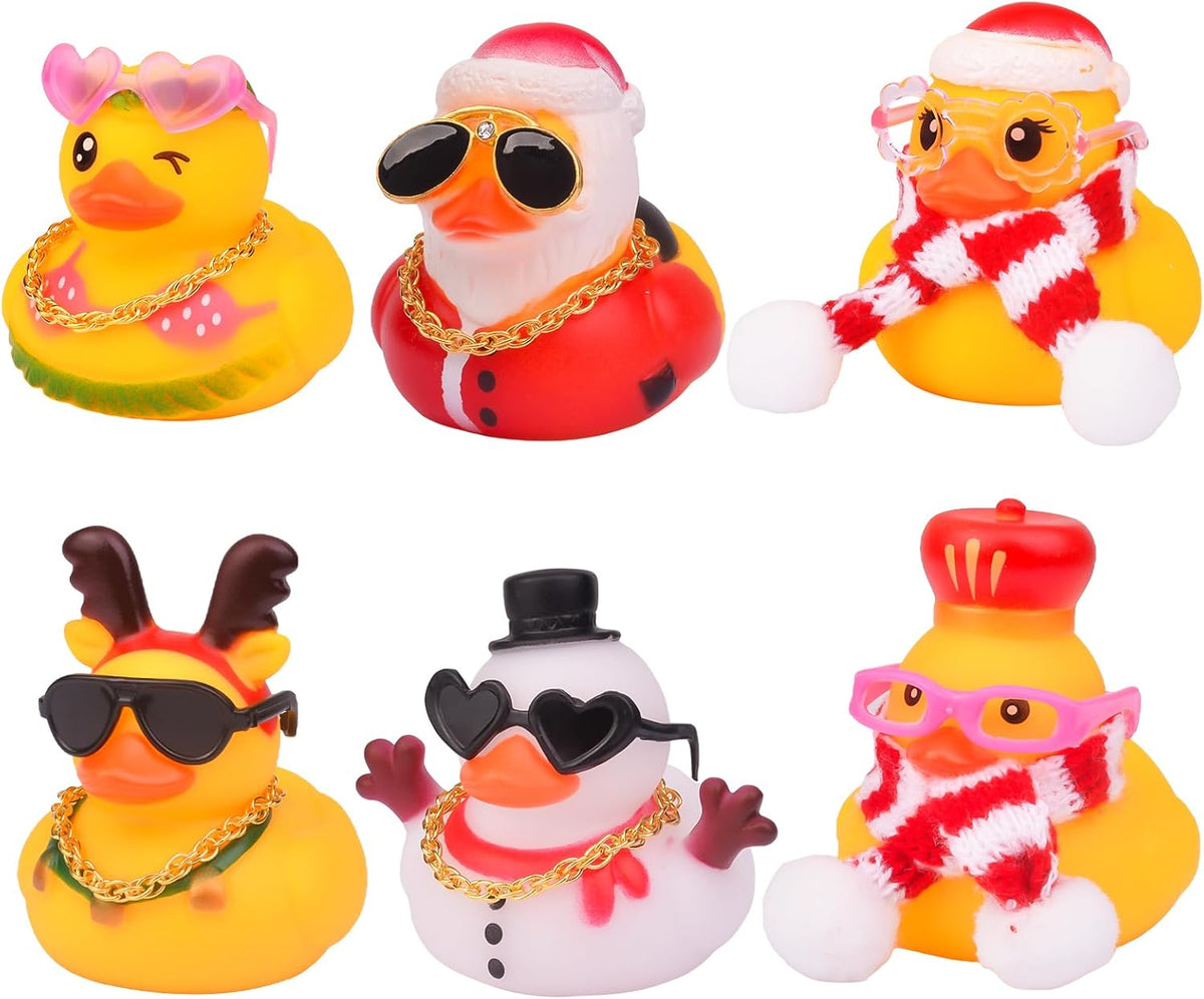 6pcs Christmas Winter Rubber Duck Car Dashboard Decoration, Unique Style Design Elk Snowman Sunglasses Necklace Ducks Cars Ornament Christmas Party Gifts Cute Car Accessories