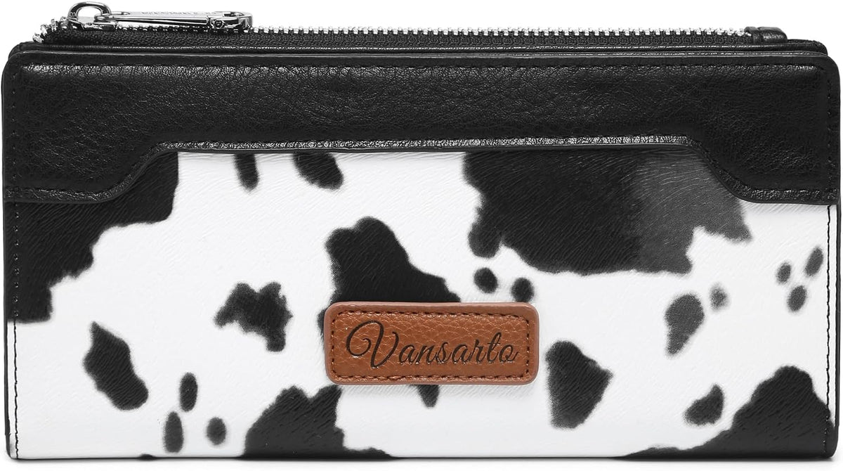 Cow Print Wallets for Women Slim Bifold Credit Card Holder - Card Cases Wallet with Smooth Zipper, Coin Pocket & ID Window - Money Organizer Cash Wallet, Signature Brown