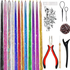 AMchoice Hair Tinsel Kit with Tools 16 Colors 3500 Strands Fairy Hair Tinsel Heat Resistant Sparkling Shiny Tinsel Hair Extensions 48 Inch Colorful Hair Tinsel strands Kit