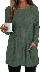 Long Sleeve Sweaters for Women Ribbed Knit Lightweight Sweater Crew Neck Loose Casual Pullover Tops with Pockets