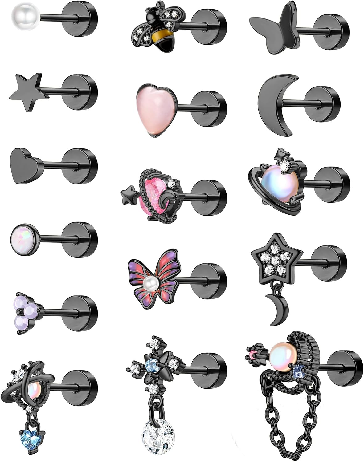 YADOCA 16Pcs Dangle Cartilage Earrings for Women Men Stainless Steel Tragus Stud Earrings 16G and 20G Butterfly Heart CZ Opal Flat Back Earrings Cartilage Tragus Conch Helix Daith Piercing Jewelry