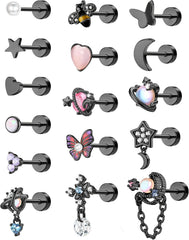 YADOCA 16Pcs Dangle Cartilage Earrings for Women Men Stainless Steel Tragus Stud Earrings 16G and 20G Butterfly Heart CZ Opal Flat Back Earrings Cartilage Tragus Conch Helix Daith Piercing Jewelry